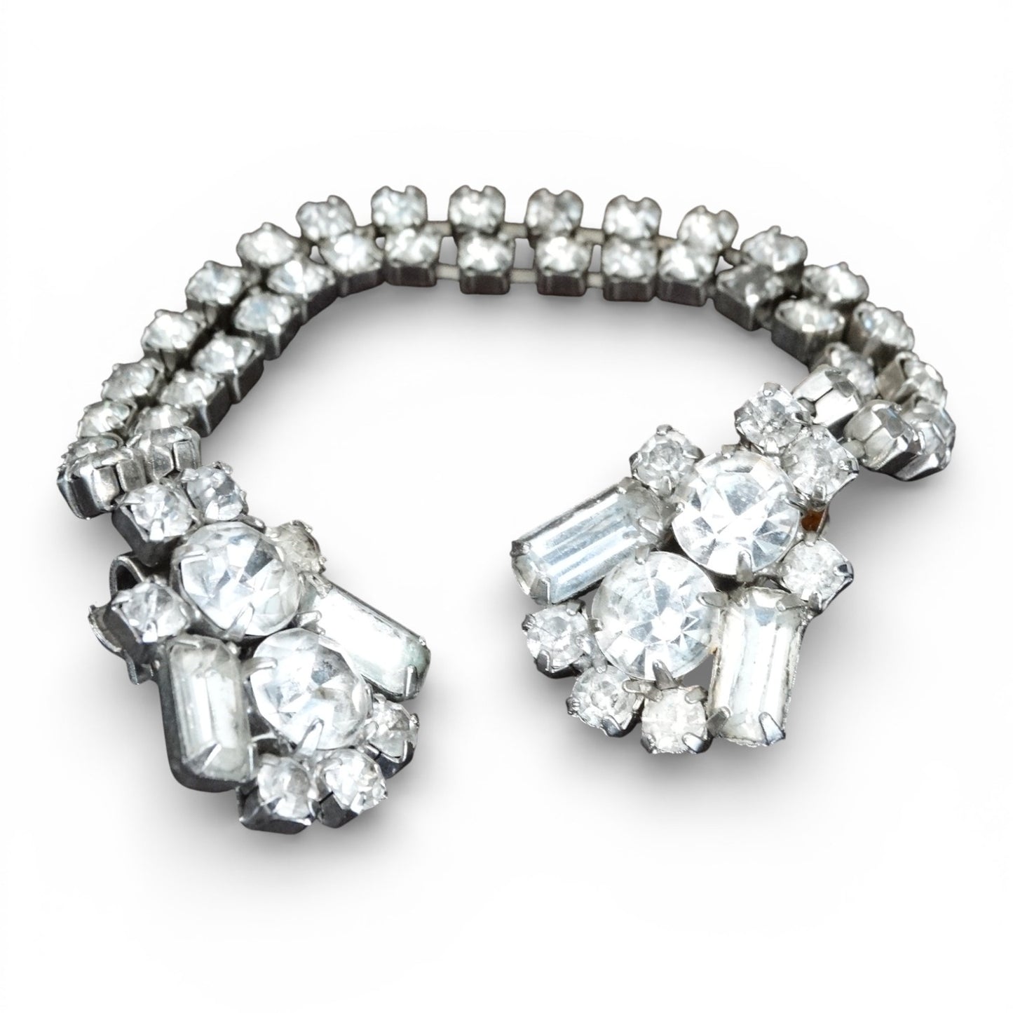 Vintage Mid-Century Rhinestone Sweater Guard | Double-Chain Silver-Tone Clip | 1950s–1960s