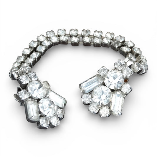 Vintage Mid-Century Rhinestone Sweater Guard | Double-Chain Silver-Tone Clip | 1950s–1960s