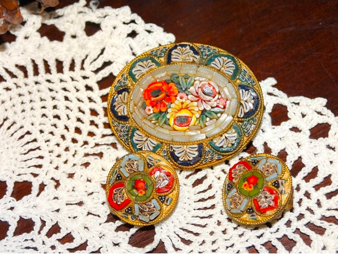 Vintage 1940 - 60s Italian Micro Mosaic Glass Brooch & Clip-On Earrings Set Floral Grand Tour Jewelry