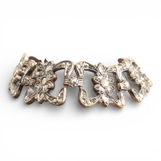 Vintage Art Deco Silver-Tone Marcasite Floral Link Bracelet