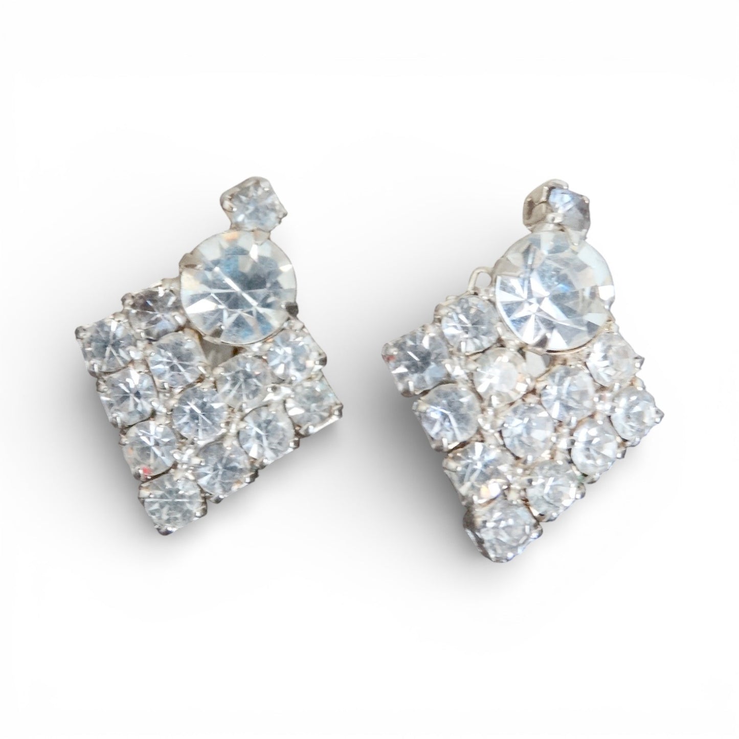 1950s–1960s Clear Rhinestone Square Clip-On Drop Earrings Mid-Century Glam