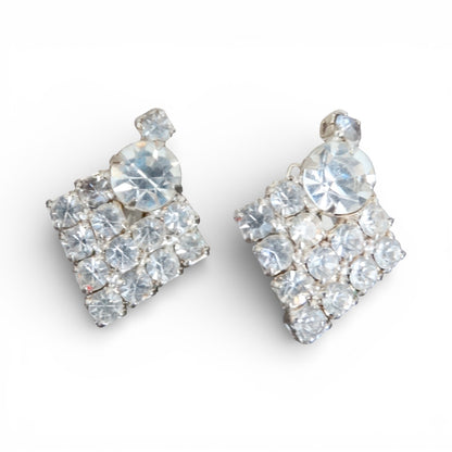 1950s–1960s Clear Rhinestone Square Clip-On Drop Earrings Mid-Century Glam