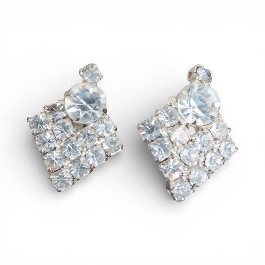 1950s–1960s Clear Rhinestone Square Clip-On Drop Earrings Mid-Century Glam