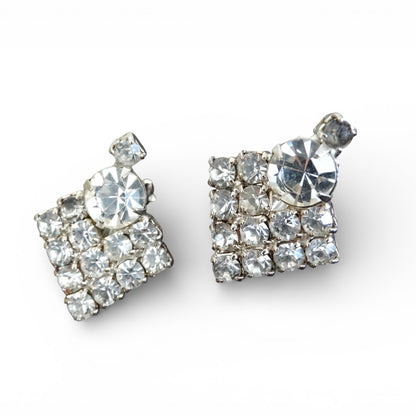 1950s–1960s Clear Rhinestone Square Clip-On Drop Earrings Mid-Century Glam