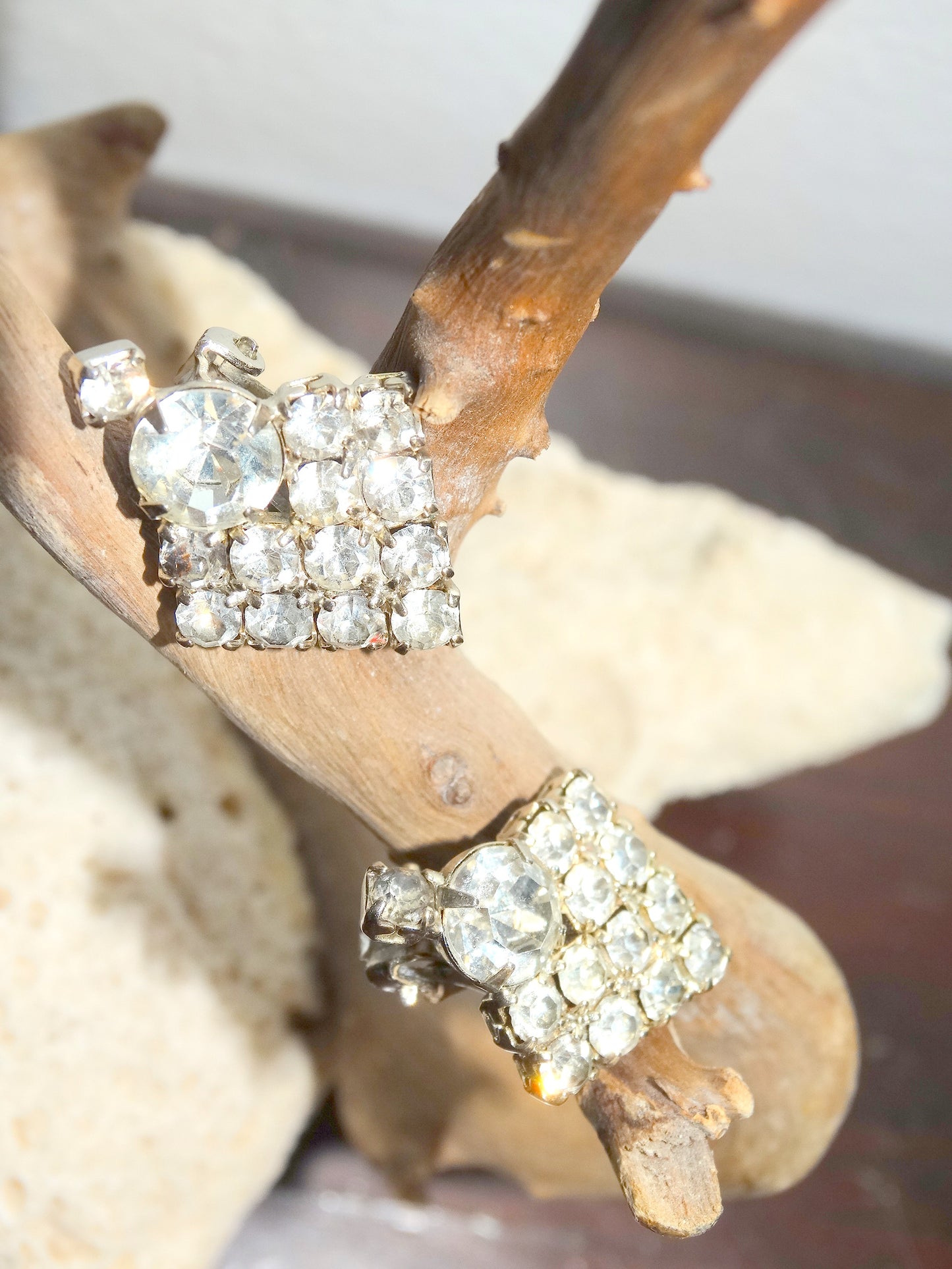 1950s–1960s Clear Rhinestone Square Clip-On Drop Earrings Mid-Century Glam