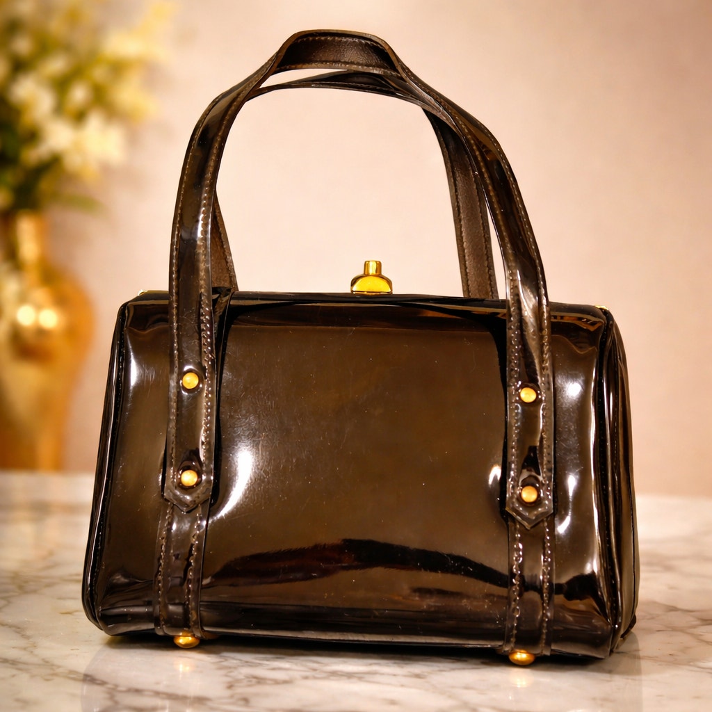 Vintage 1960s Margolin Black Patent Leather Handbag with Top Handle & Pink Interior