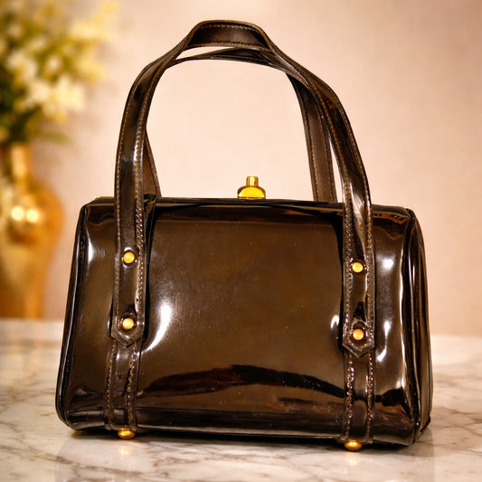 Vintage 1960s Margolin Black Patent Leather Handbag with Top Handle & Pink Interior
