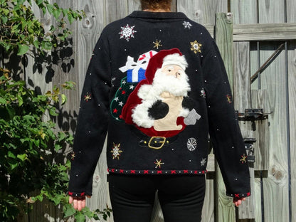 Vintage 1990s Designer Original Studio Christmas Santa Beaded Zip-Front Sweater Jumper