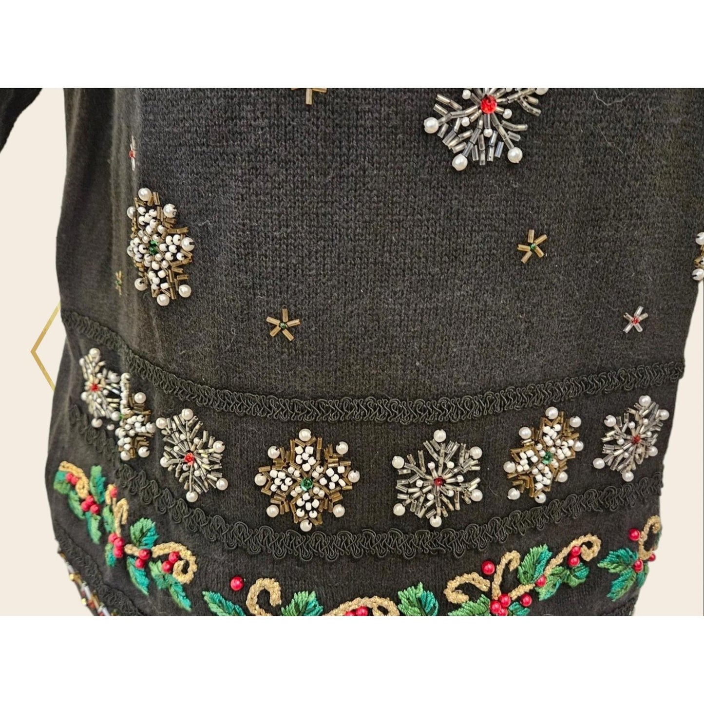 Vintage Christmas Sweater Beads Sequins Snowflakes Candy Canes