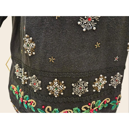 Vintage Christmas Sweater Beads Sequins Snowflakes Candy Canes