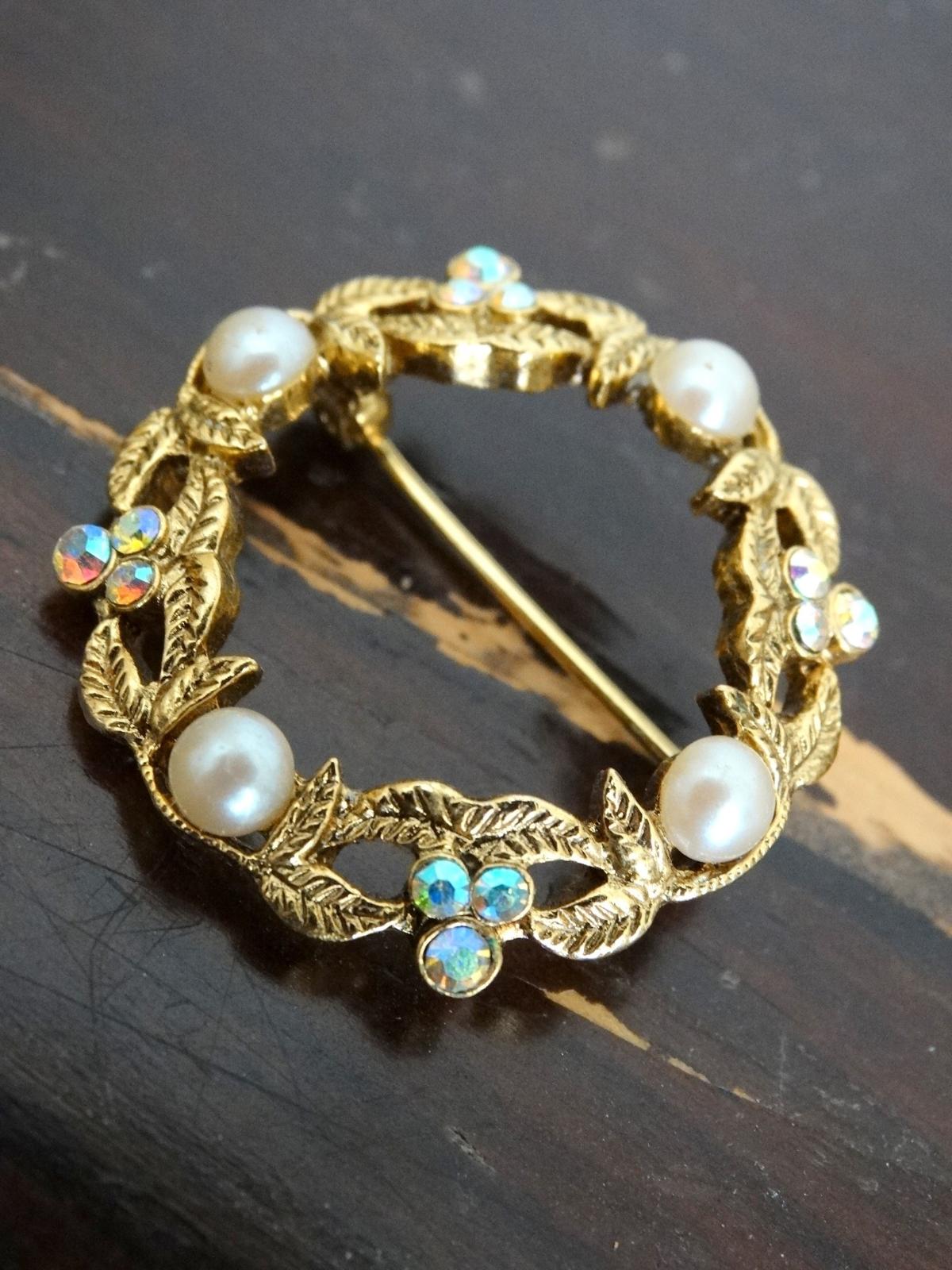 Vintage Gold Wreath Brooch with Faux Pearls & Aurora Borealis Rhinestones 1960 image 0