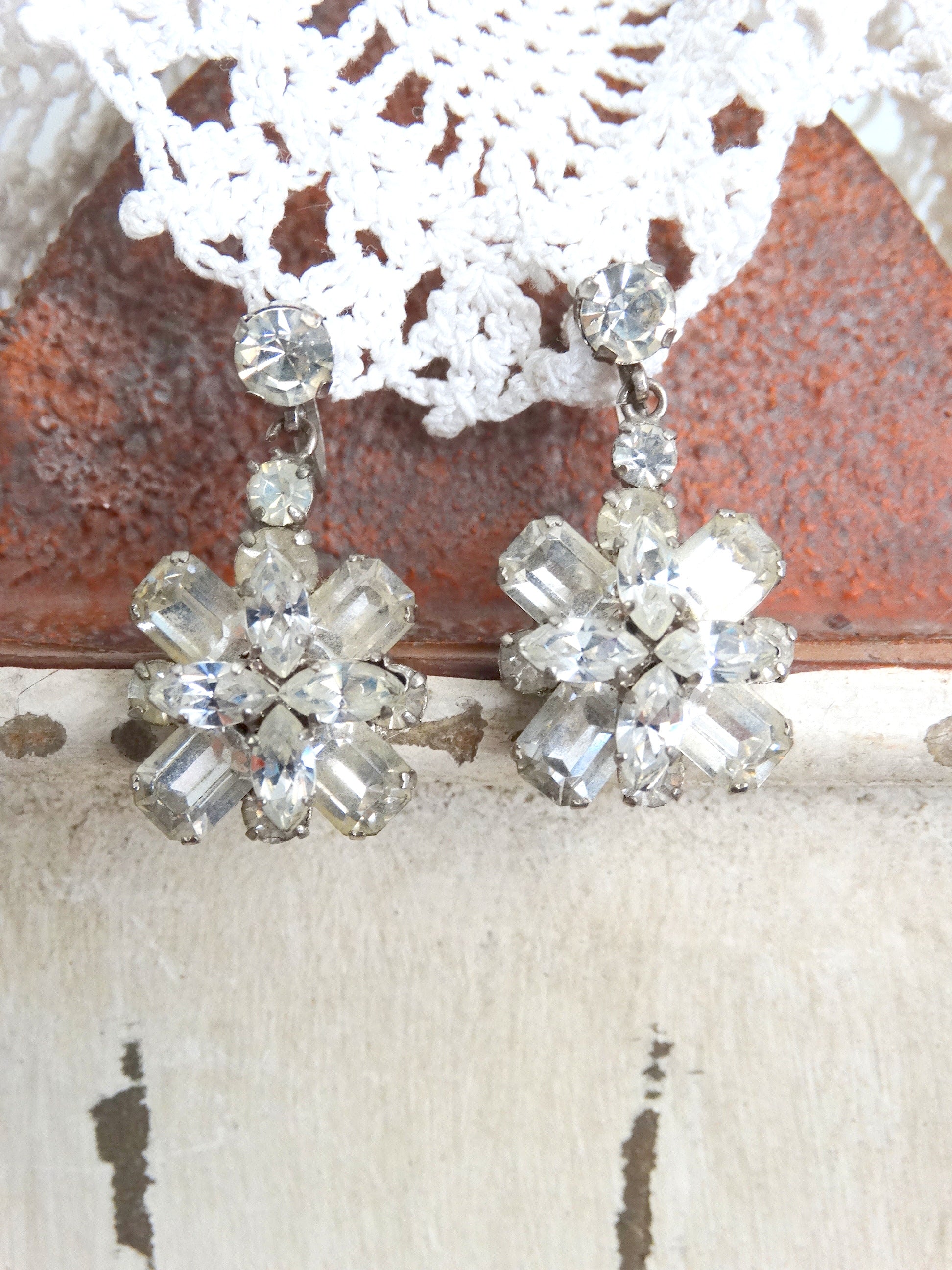 Mid-Century Earrings Signed "Made in Austria" Rhinestone Cluster Screwback image 1