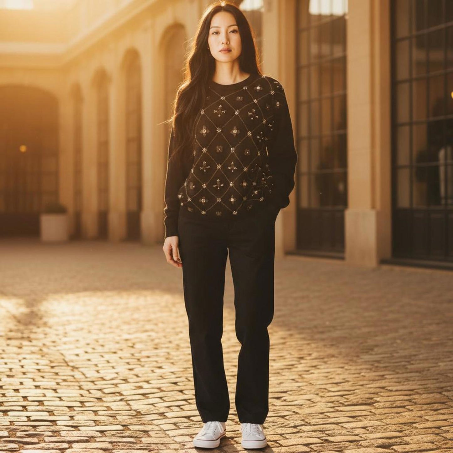 Vintage 80s Black Beaded Sweater Jumper - Size Large