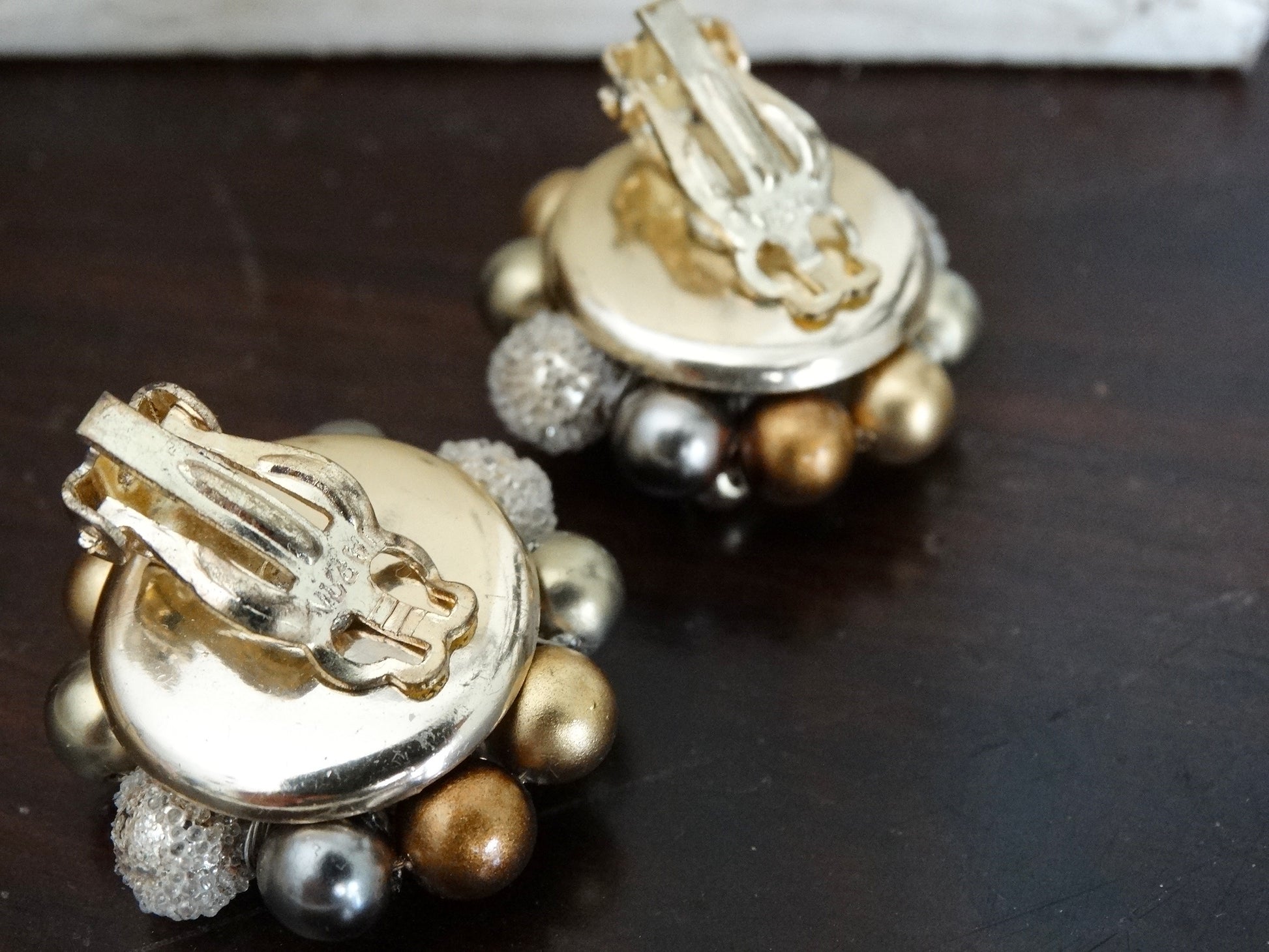 Vintage Beaded Cluster Clip-On Earrings Gold, Bronze & Silver Aurora Borealis image 3