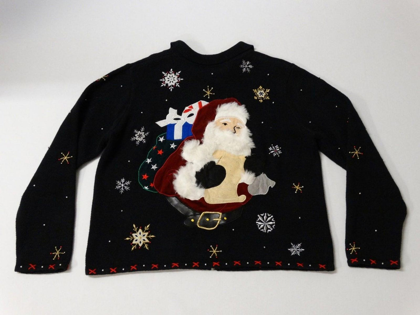 Vintage 1990s Designer Original Studio Christmas Santa Beaded Zip-Front Sweater Jumper
