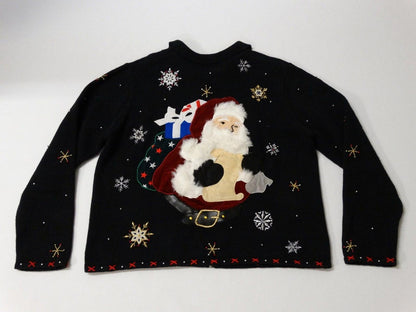 Vintage 1990s Designer Original Studio Christmas Santa Beaded Zip-Front Sweater Jumper