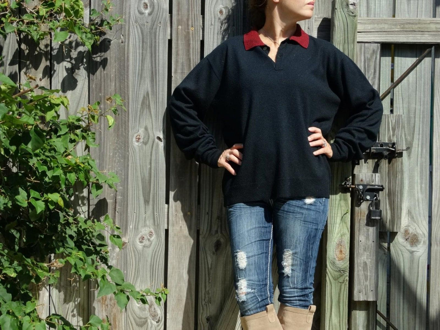 Vintage Glasgow Creation Navy Knit Sweater with Red Stripe Collar | 1960s–70s Collegiate Pullover