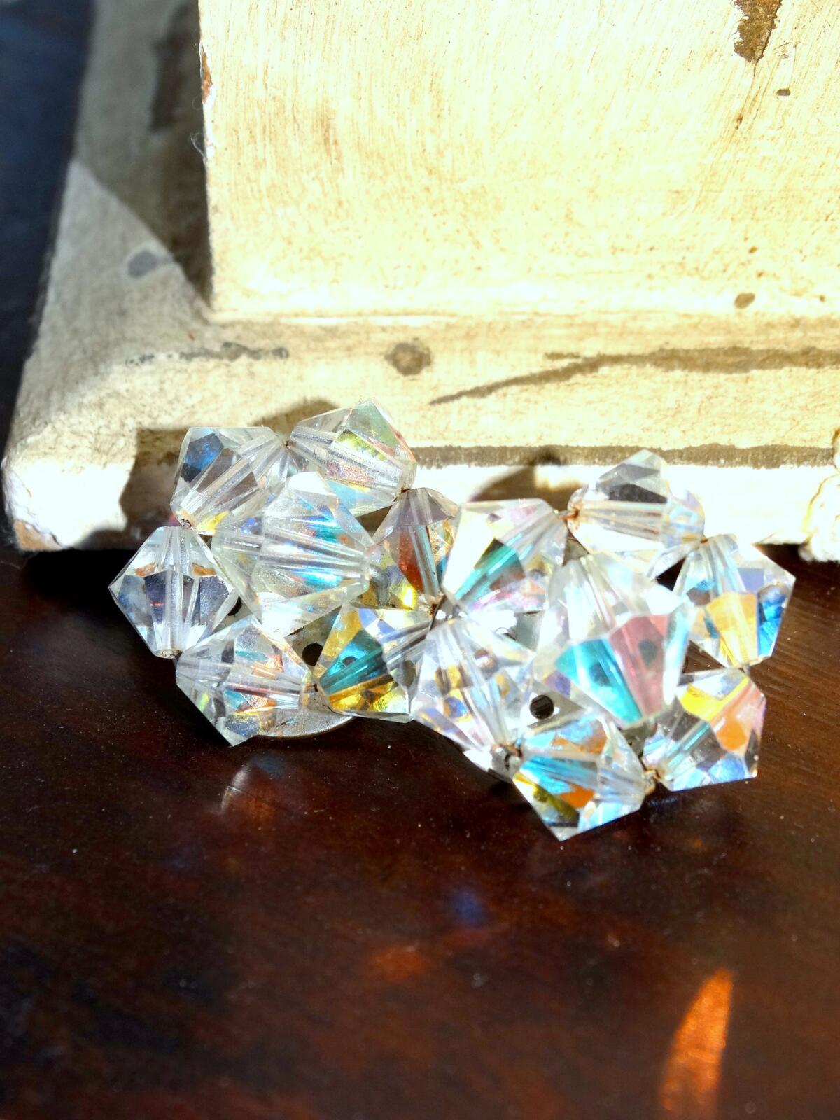 Vintage Aurora Borealis Crystal Clip-On Earrings  Mid-Century Iridescent Cluster image 0