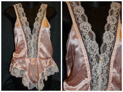 Vintage Peach Liquid Satin Teddy Lace Trim V-Neck Ruffle Legs Union Made image 5