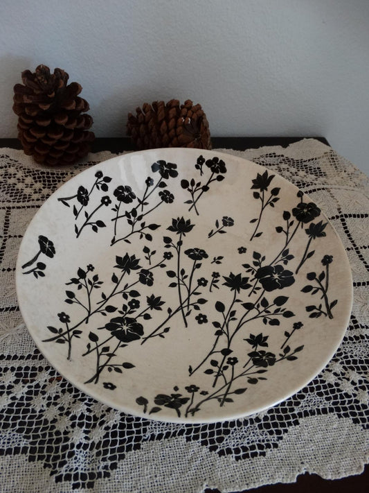 Vintage Black Floral Ceramic Serving Bowl – Crackle Glaze, Cottagecore Farmhouse image 0