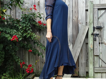 Vintage Wednesday’s Child Blue Grey Silk Beaded Hi-Low Dress– Size M