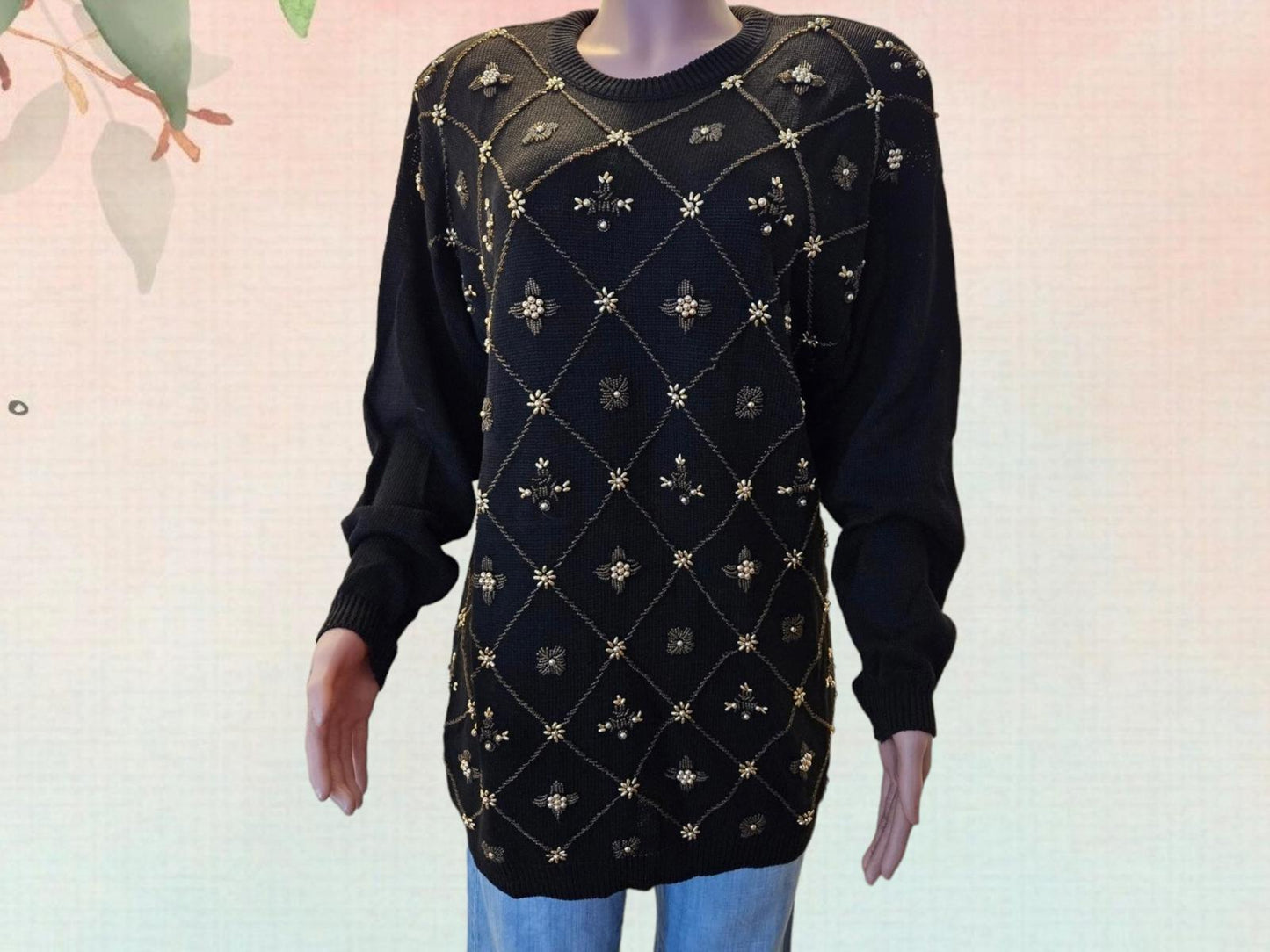 Vintage 80s Black Beaded Sweater Jumper - Size Large