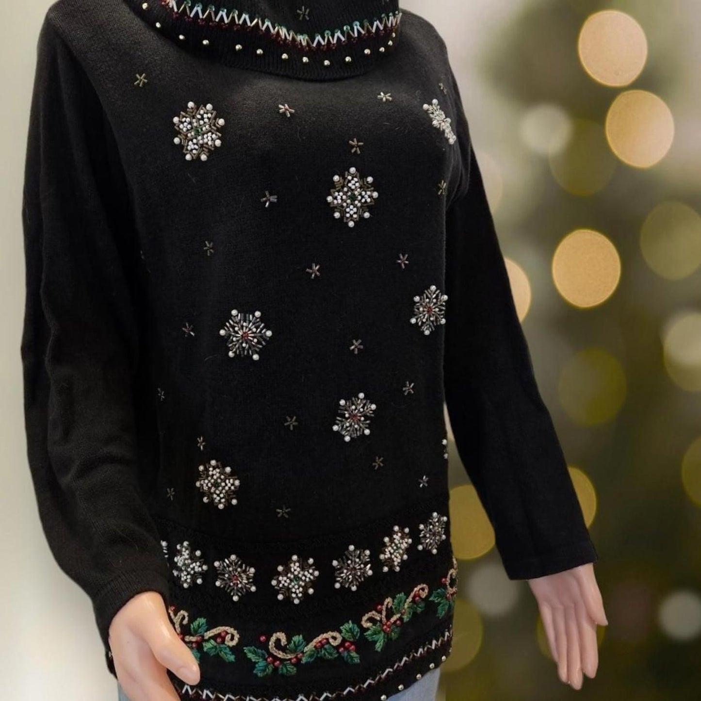 Vintage Christmas Sweater Beads Sequins Snowflakes Candy Canes