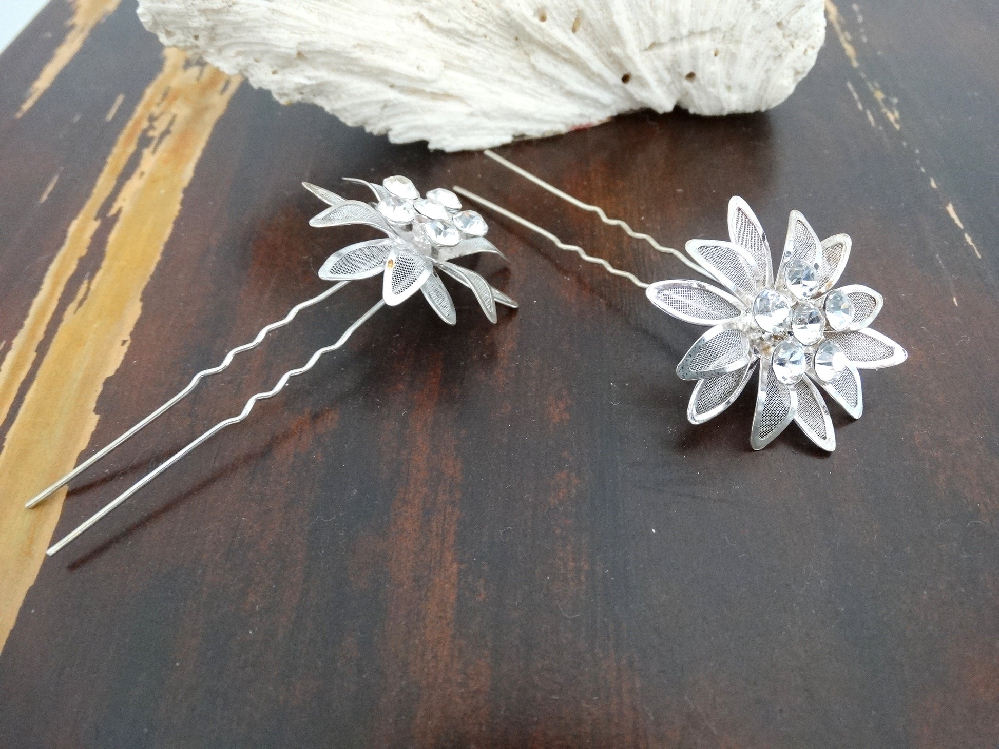 Vintage Mesh Silver Flower Hair Picks Rhinestone Crystal image 3