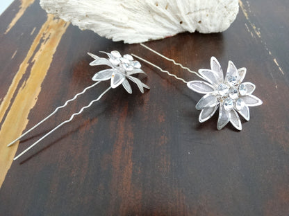 Vintage Mesh Silver Flower Hair Picks Rhinestone Crystal image 3