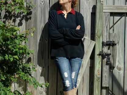 Vintage Glasgow Creation Navy Knit Sweater with Red Stripe Collar | 1960s–70s Collegiate Pullover