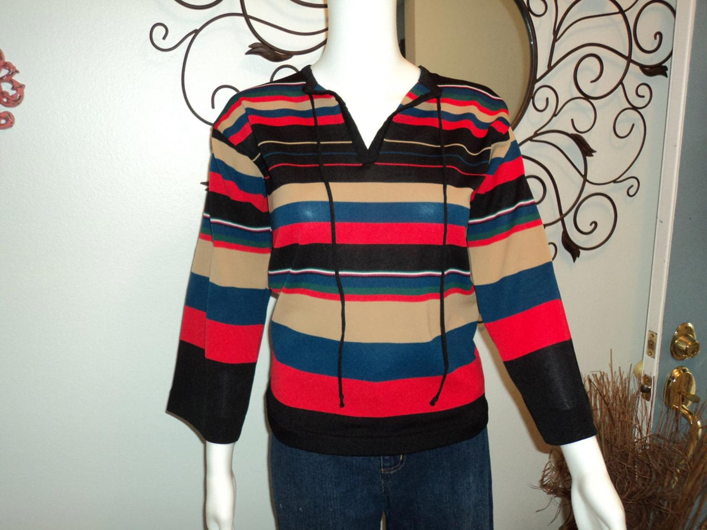 Vintage 70s Striped Bell Sleeve Top - Red, Blue, Black, Tan - Size S/M
