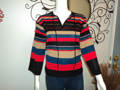 Vintage 70s Striped Bell Sleeve Top - Red, Blue, Black, Tan - Size S/M
