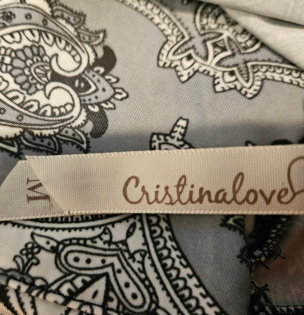 Cristina Love Grey Black & White Paisley Empire Waist Halter Dress – Size Medium