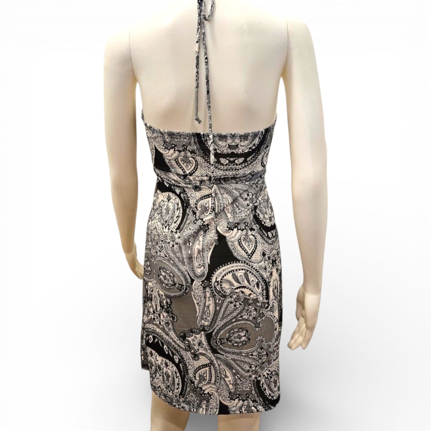 Cristina Love Grey Black & White Paisley Empire Waist Halter Dress – Size Medium