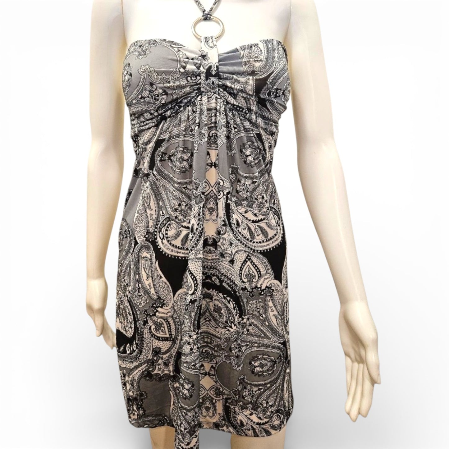 Cristina Love Grey Black & White Paisley Empire Waist Halter Dress – Size Medium