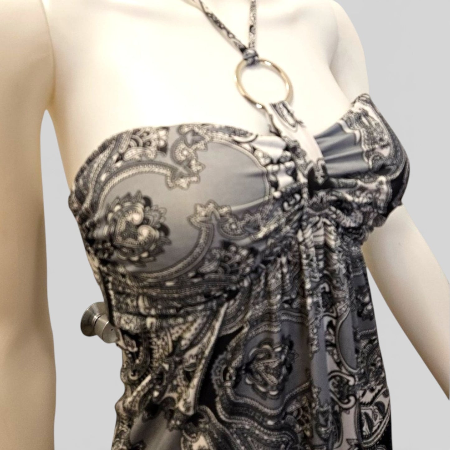 Cristina Love Grey Black & White Paisley Empire Waist Halter Dress – Size Medium