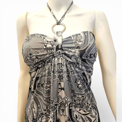 Cristina Love Grey Black & White Paisley Empire Waist Halter Dress – Size Medium
