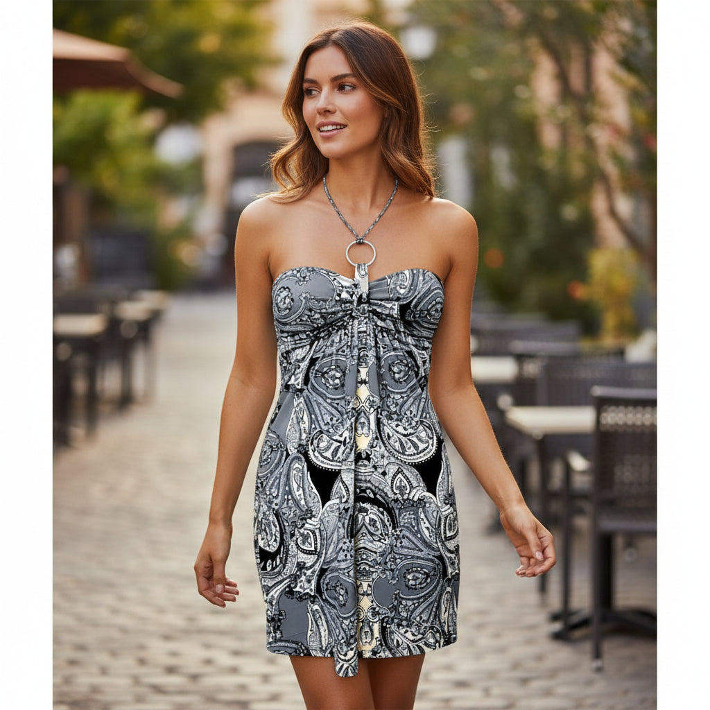 Cristina Love Grey Black & White Paisley Empire Waist Halter Dress – Size Medium
