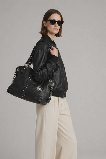 Michael Kors Astor Leather Studded Tote Black Chain Strap – Like New