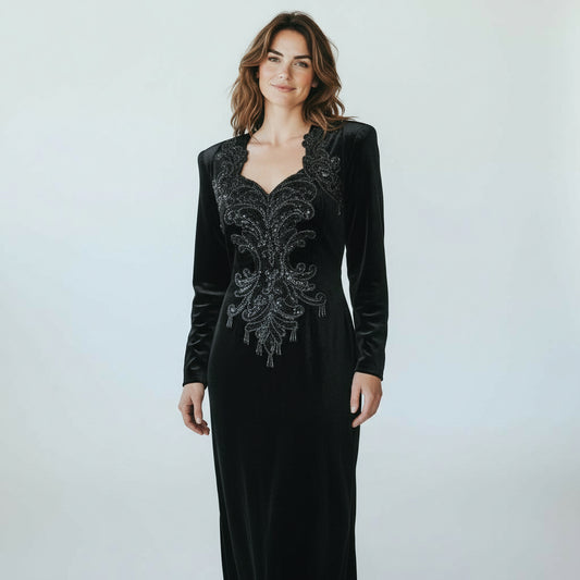 Vintage 1980s Black Velvet Strapless Cocktail Dress Rhinestone Detail – Made in USA – Fits 4–6