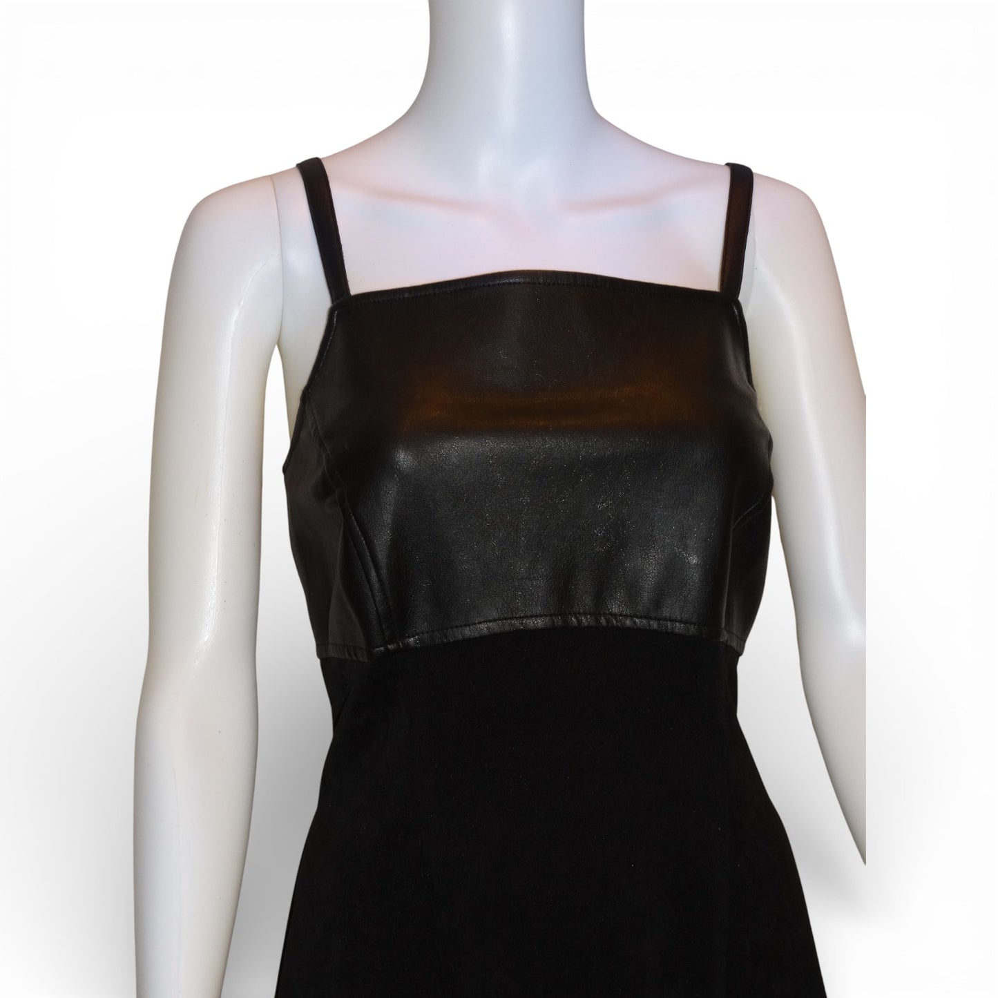 Y2K Black Vegan Leather Bodice Maxi Dress | Spaghetti Strap | 2000s Minimalist