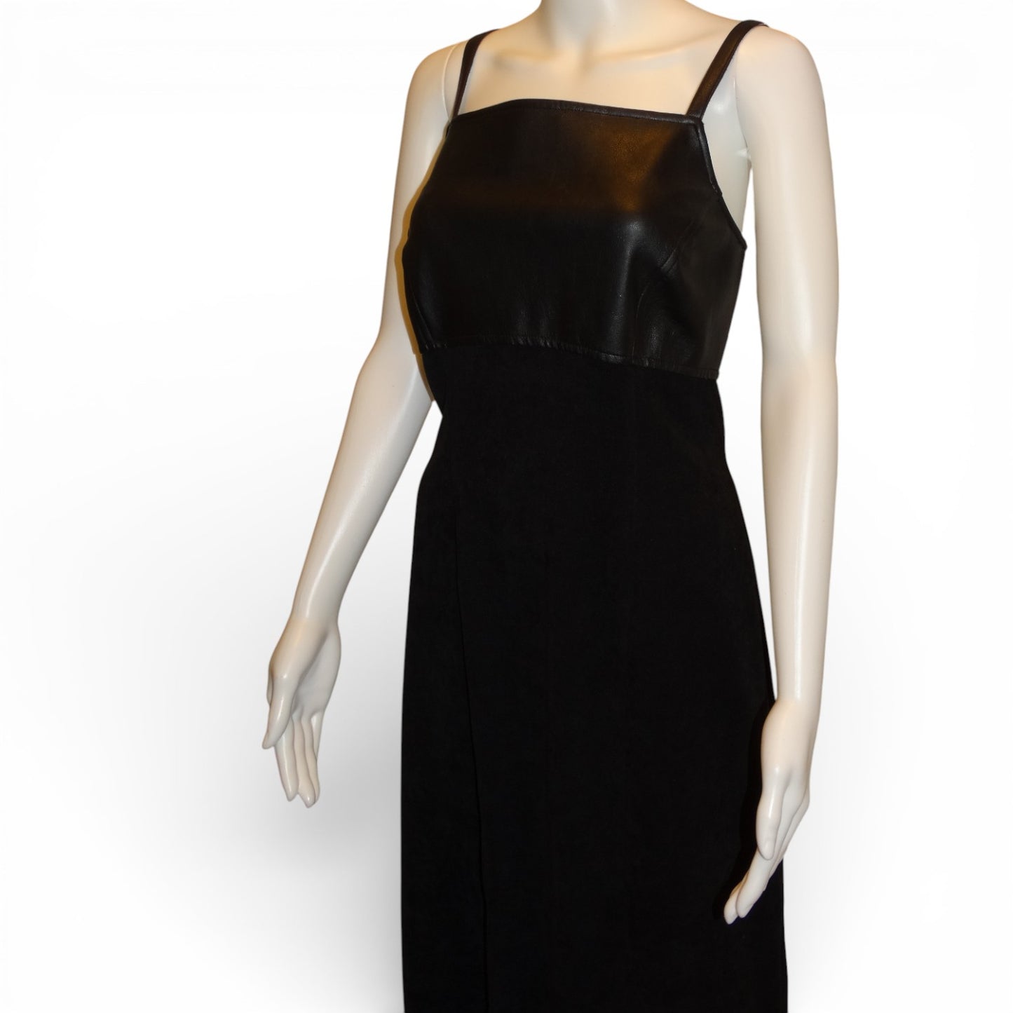 Y2K Black Vegan Leather Bodice Maxi Dress | Spaghetti Strap | 2000s Minimalist