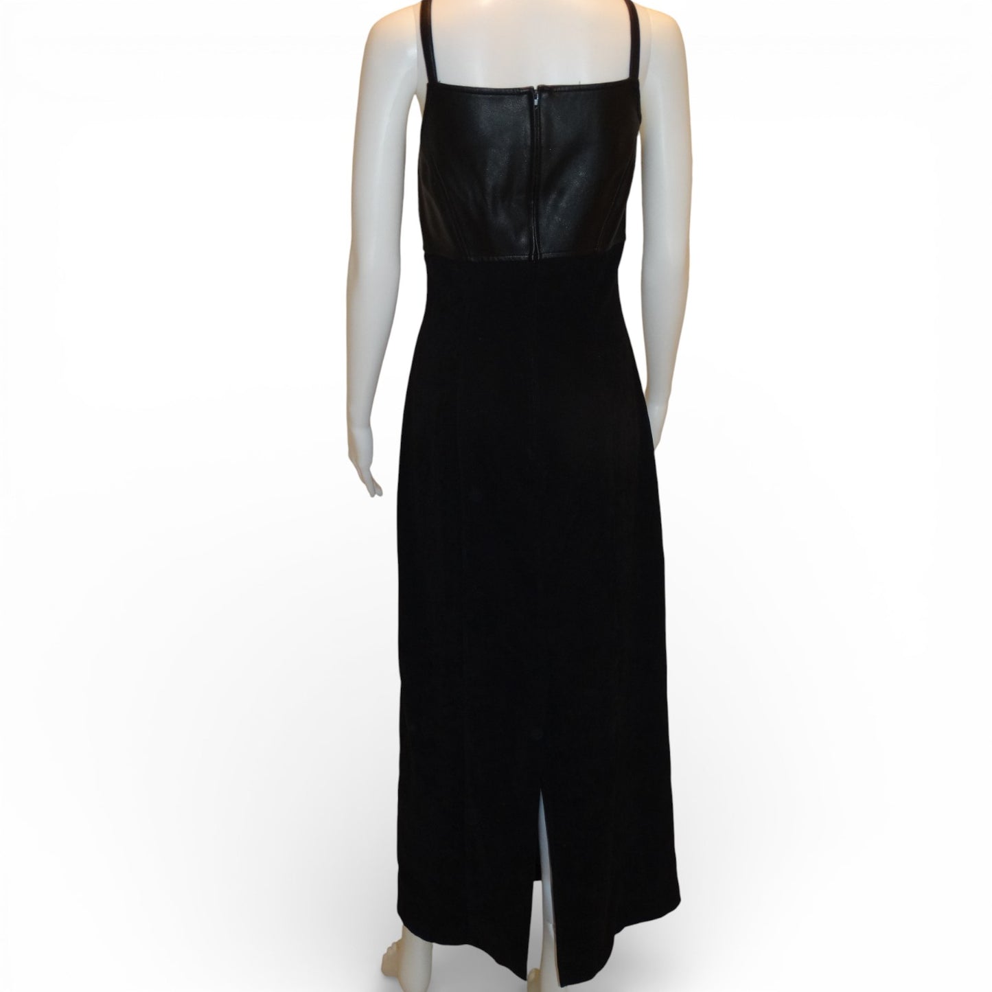 Y2K Black Vegan Leather Bodice Maxi Dress | Spaghetti Strap | 2000s Minimalist