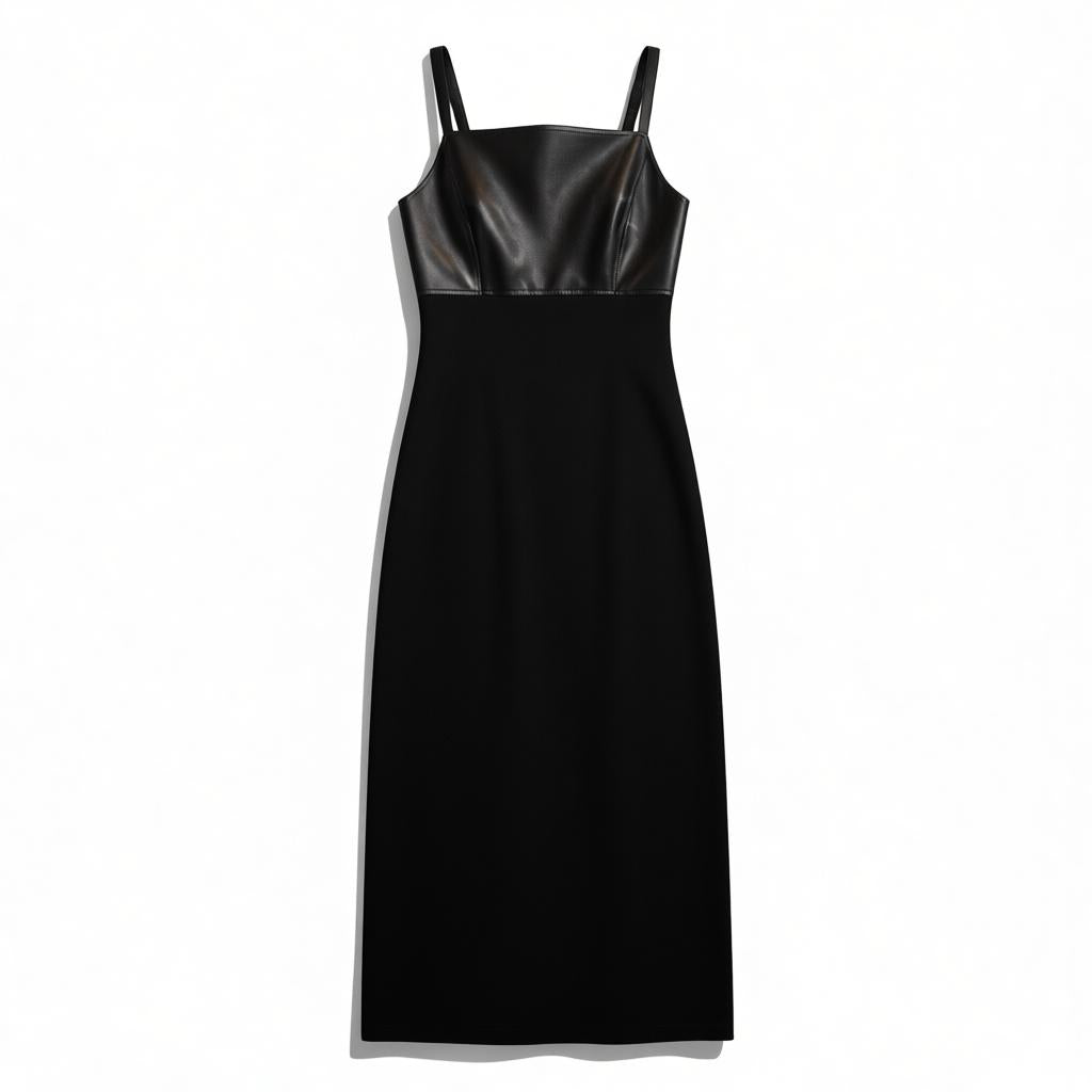 Y2K Black Vegan Leather Bodice Maxi Dress | Spaghetti Strap | 2000s Minimalist