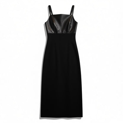 Y2K Black Vegan Leather Bodice Maxi Dress | Spaghetti Strap | 2000s Minimalist