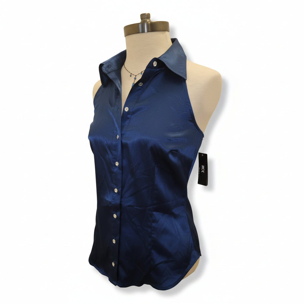 A. Byer Blue Satin Halter Blouse with Crystal Buttons – Women’s Size M (Fits Small)