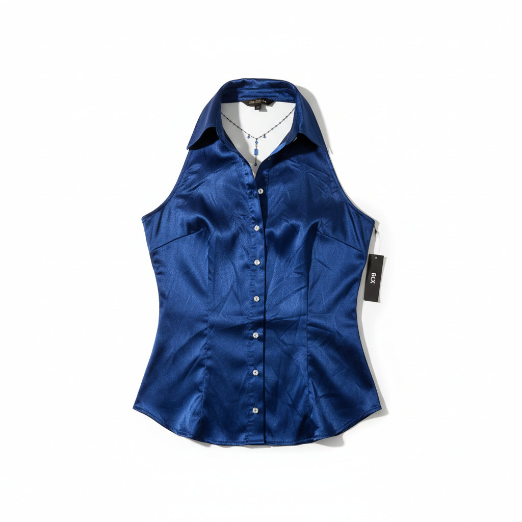A. Byer Blue Satin Halter Blouse with Crystal Buttons – Women’s Size M (Fits Small)