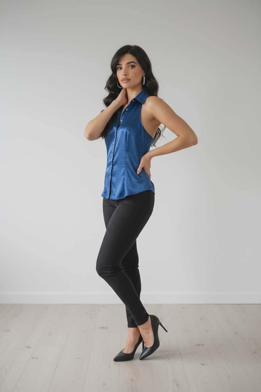 A. Byer Blue Satin Halter Blouse with Crystal Buttons – Women’s Size M (Fits Small)