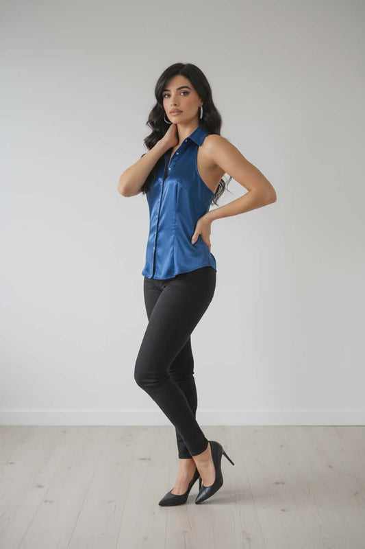 A. Byer Blue Satin Halter Blouse with Crystal Buttons – Women’s Size M (Fits Small)