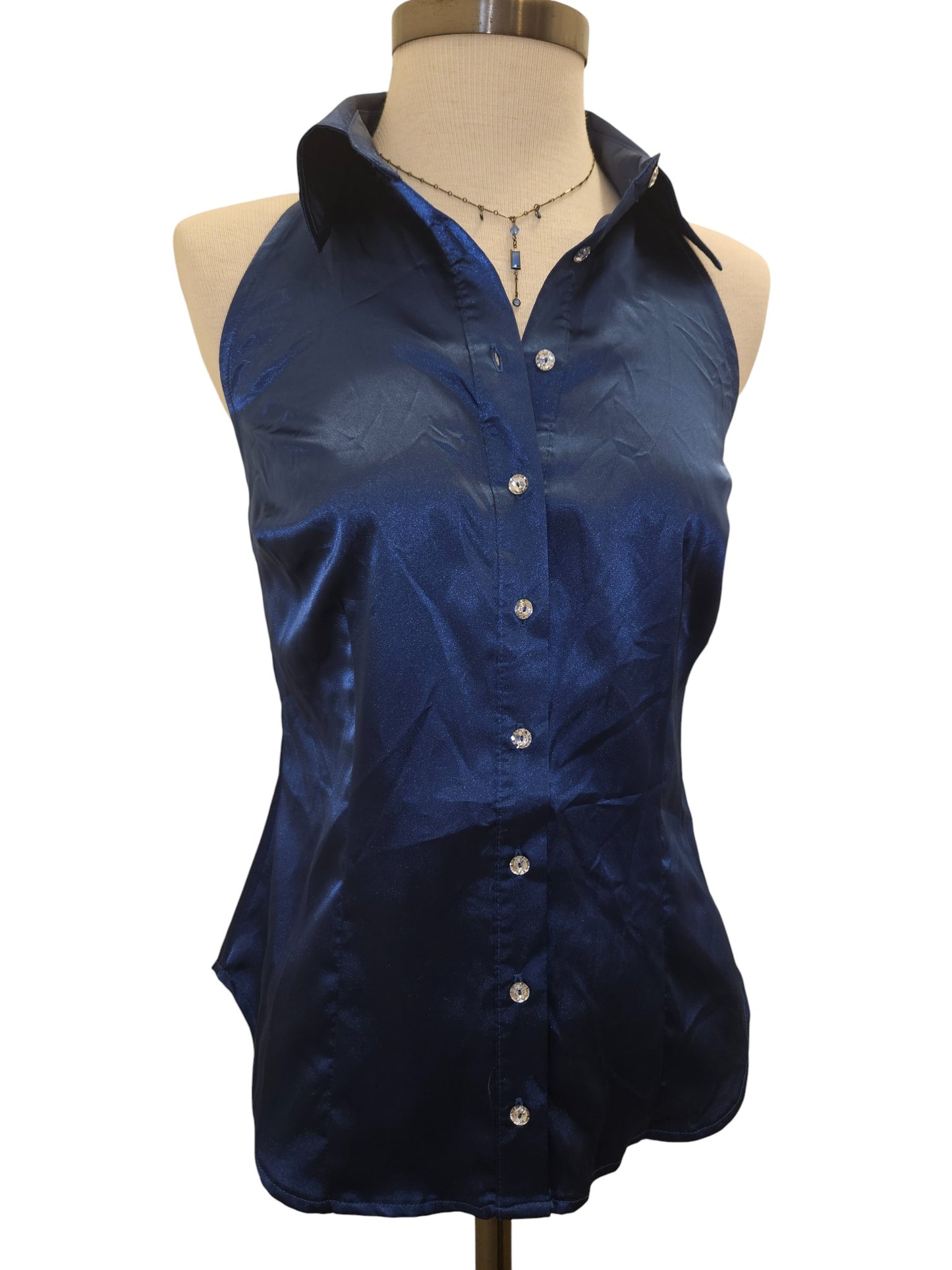 A. Byer Blue Satin Halter Blouse with Crystal Buttons – Women’s Size M (Fits Small)